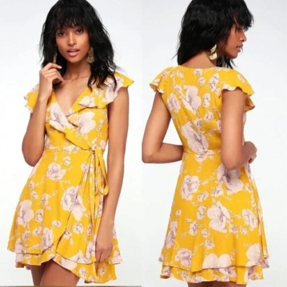 Free People French Quarter Yellow Floral Print Wrap Dress Size Medium - Picture 1 of 9
